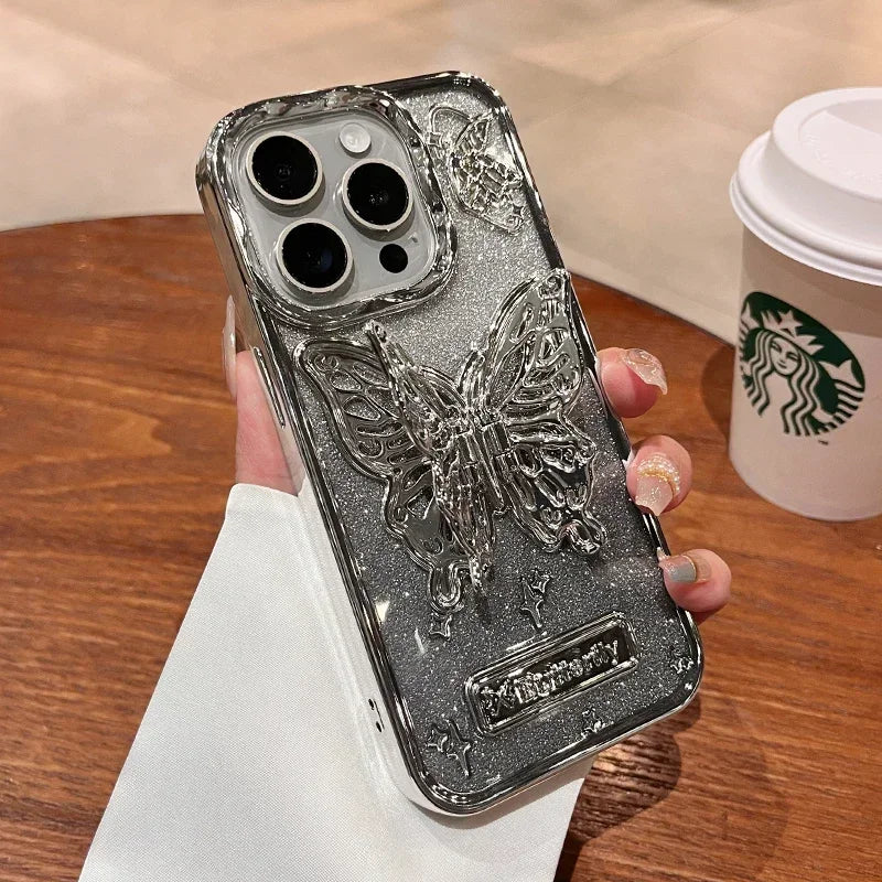 Glitter Butterfly Gradient Stand Case for iPhone 15 16 14 12 13 Pro Max 14Pro Bracket Transparent Plating Soft Silicone Cover
