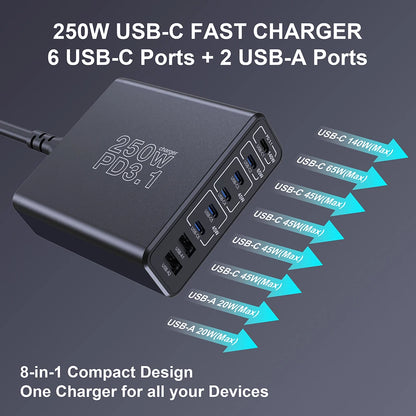 250W GaN USB C Charger Station 8-Ports Fast Charger Type C PD3.1 PD3.0 PPS Quick Charger For Macbook Pro iPad iPhone 16 Samsung