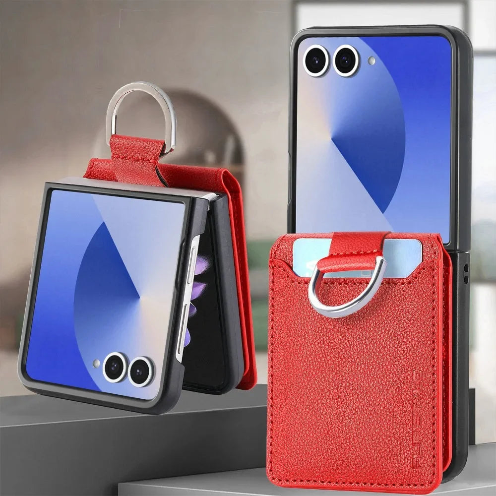 Samsung Galaxy Z Flip Wallet Phone Case - Lychee Pattern Leather with Ring Card Holder for Z Flip 7/6/5/4/3/2/1 Flip7/Flip6/Flip