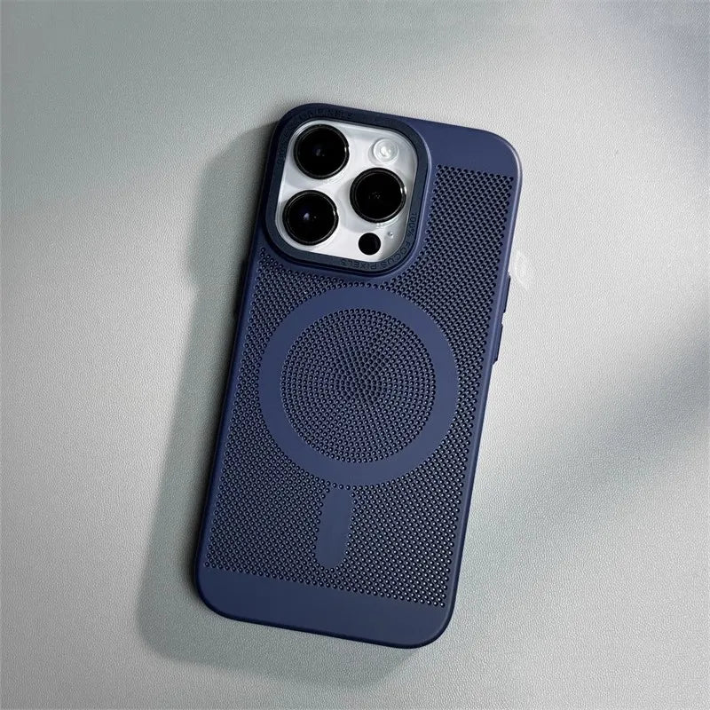 Honeycomb Grid Hole MagSafe Case for iPhone 16 15 Pro Max 14 Alloy Lens Summer Heat Dissipation Magnetic Back Cover PC Shell