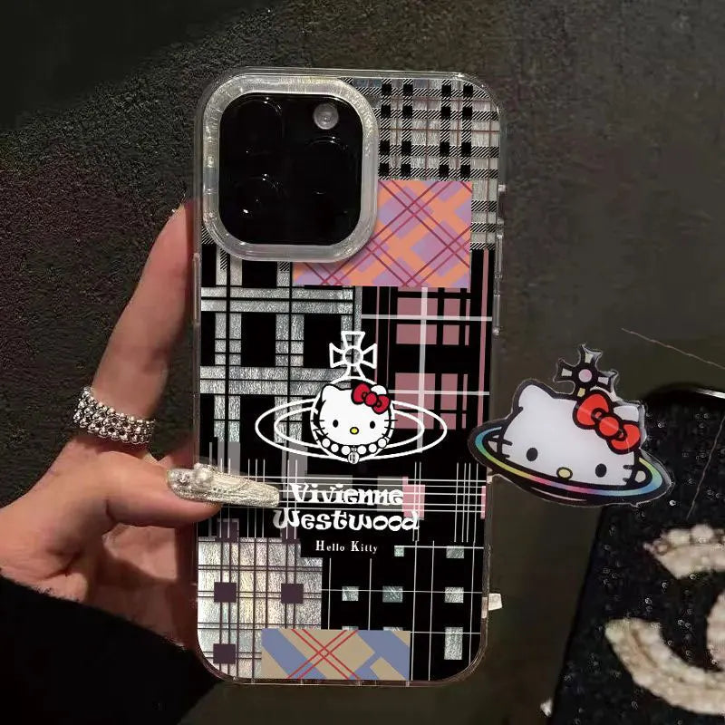 Black Plaid feather gauze Hello Kitty KT Phone Case For iPhone 16 15 14 13 12 11 Pro Max 7 8Plus XR XS MAX MINI Y2K Cute Cover