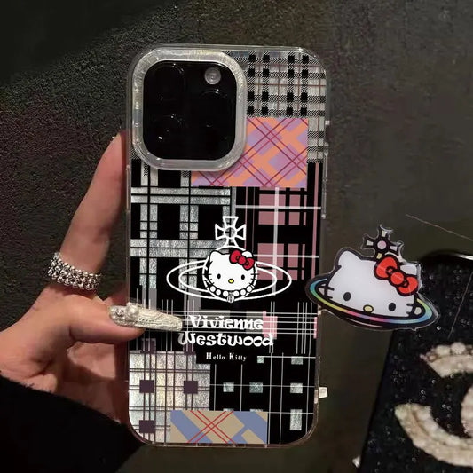 Black Plaid feather gauze Hello Kitty KT Phone Case For iPhone 16 15 14 13 12 11 Pro Max 7 8Plus XR XS MAX MINI Y2K Cute Cover