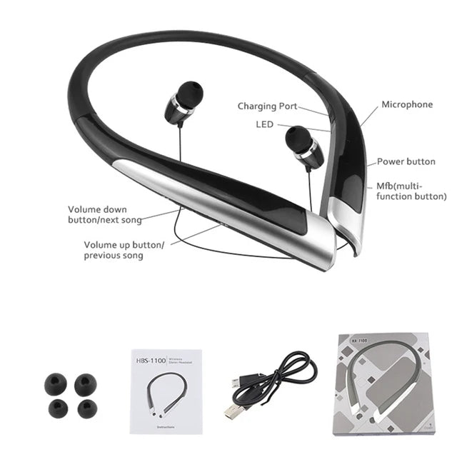 HBS-1100 Stereo Bluetooth Headphone Binaural Hand-free Neckband Earphones Fashion Mini Wireless Headset Binaural Universal