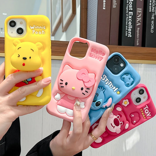For iPhone 15 Pro Max 16 11 12 Pro 13 14 Pro Max 13Pro 3D Stitch Kitty Face Grip Tok Holder Cartoon Silicon Soft Phone Case