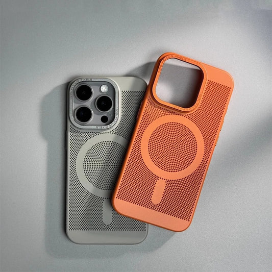 Honeycomb Grid Hole MagSafe Case for iPhone 16 15 Pro Max 14 Alloy Lens Summer Heat Dissipation Magnetic Back Cover PC Shell