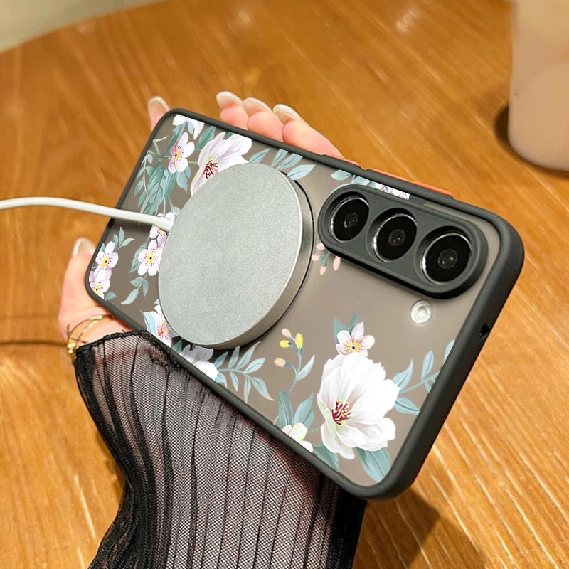 For Samsung Galaxy A14 A15 A55 A54 A56 A25 S25 Edge S24 S23 S22 Ultra Plus S21 S25 FE Flowers Case Magnetic Magsafe Matte Cover