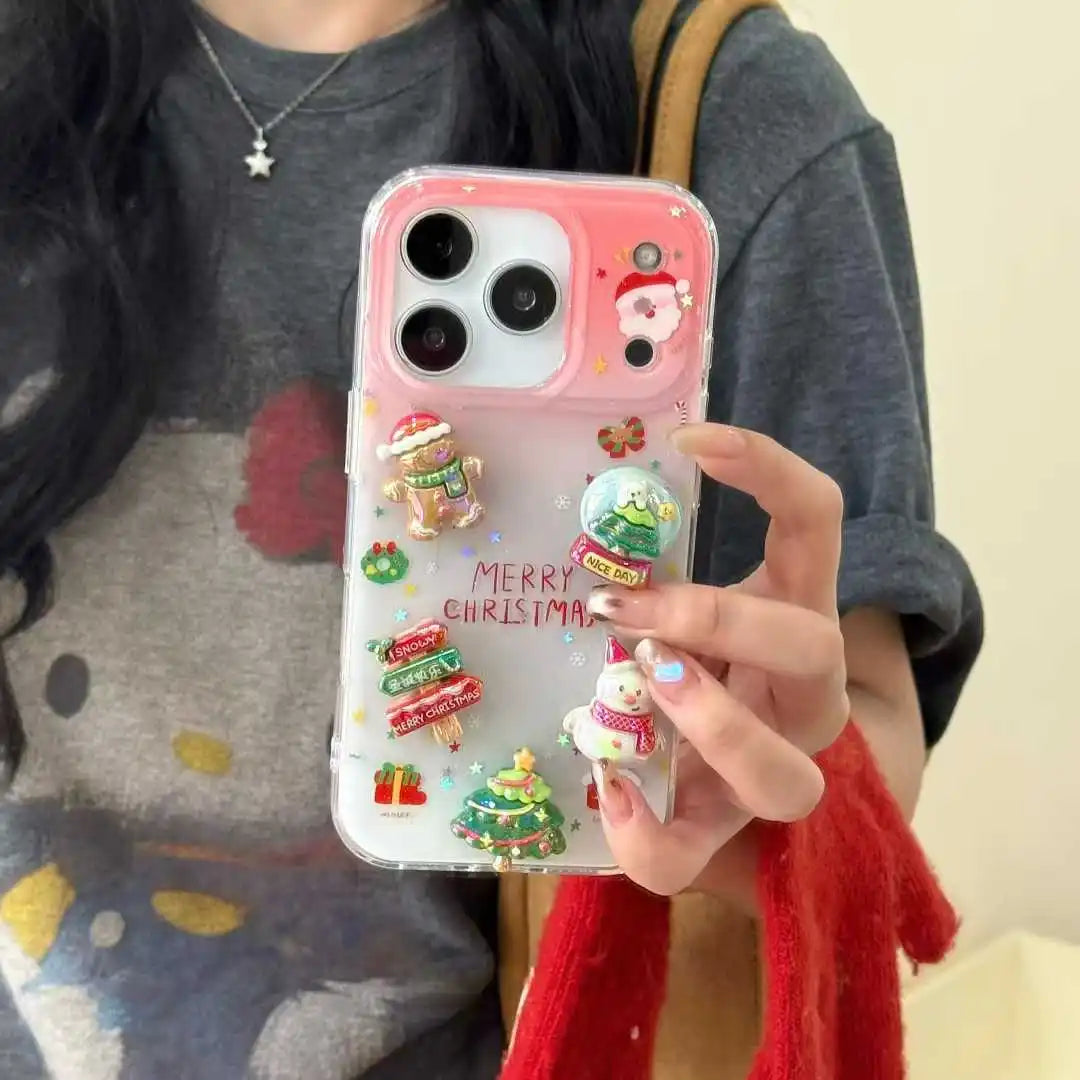Korean Cute Christmas Tree Santa Claus Gingerbr Phone Case For iPhone 17 16 15 14 Pro Max Lovely Snow Girl Gift Cover