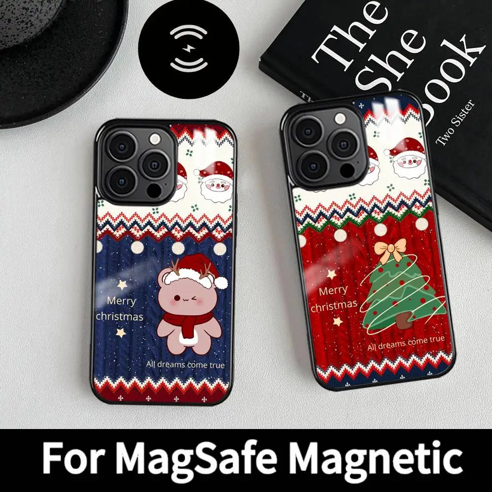 Merry Christmas New Year Phone Case MagSafe Magnetic for iPhone 16 15 14 13 12 11 Pro Plus Max Mini Wireless Charger Funda