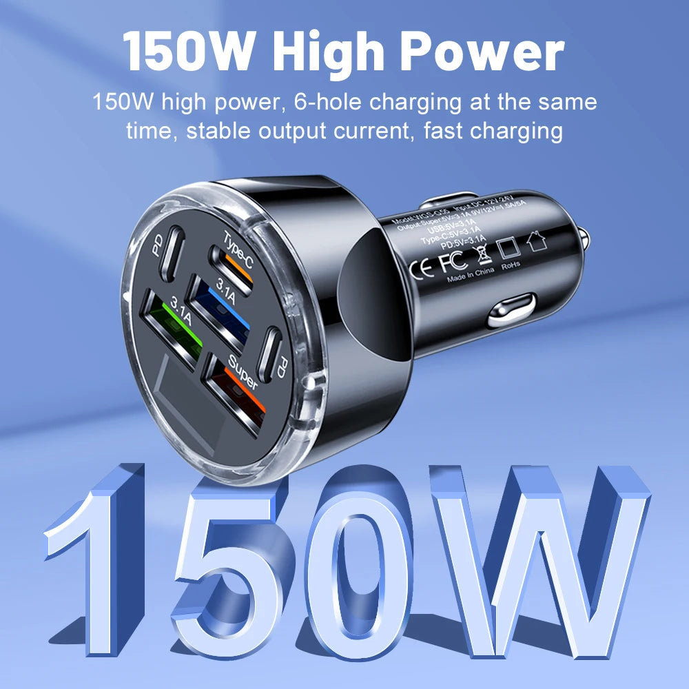 150W 6/8 Ports Car Charger Fast Charging PD QC3.0 USB C Car Phone Charger Type C Adapter in Car For iPhone Samsung Huawei Xiaomi