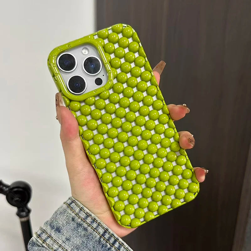 Fashion Green Pearl Round Bead Hollow Out Phone Case For iPhone 16 15 13 14 Pro Max Soft TPU Heat Dissipation Back Cover