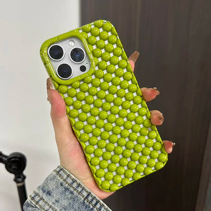 Fashion Green Pearl Round Bead Hollow Out Phone Case For iPhone 16 15 13 14 Pro Max Soft TPU Heat Dissipation Back Cover