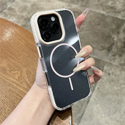 Double Color Bling Glitter Magnetic Magsafe Case For iPhone 16 15 14 16Pro Max Wireless Charging Shockproof Bumper Back Cover