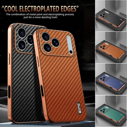 EUCAGR Luxury Carbon Fibre PU Leather Phone Case for iPhone 17 Air 17 Pro Max 16 15 14 13 12 11 Pro Max Bumper Coque Back Cover