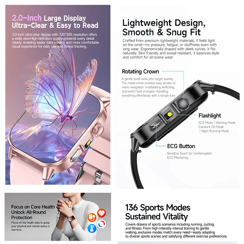 2026 New ECG Smart Watch Blood Pressure Blood Oxygen Uric Acid Monitoring IP68 Waterproof 450mAh Health Smart Watch Men Women