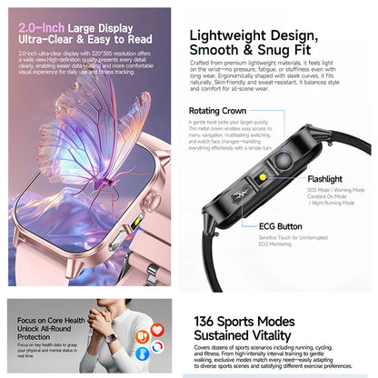 2026 New ECG Smart Watch Blood Pressure Blood Oxygen Uric Acid Monitoring IP68 Waterproof 450mAh Health Smart Watch Men Women