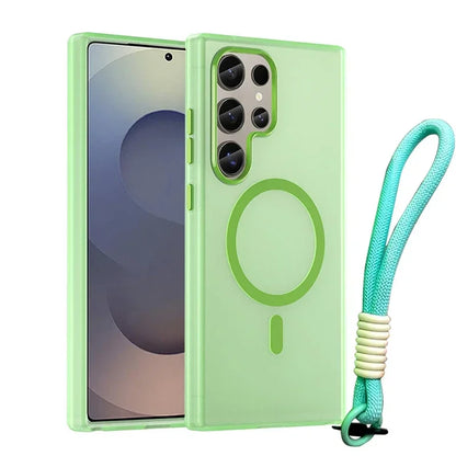 For Magsafe Matte Candy Wrist Strap Phone Cases For Samsung Galaxy S24 S25 Ultra Plus S24 FE Lanyard Magnetic Shockproof Cover