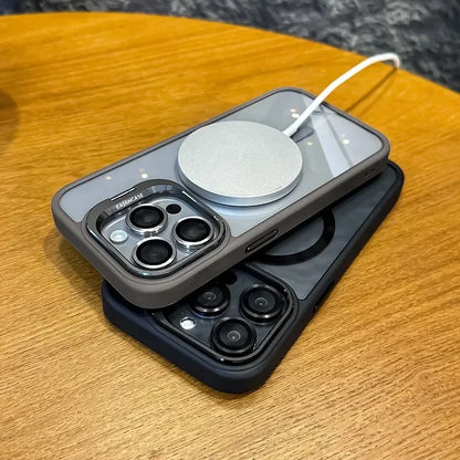 Luxury Magnetic Shockproof Phone Case For iPhone 16 17 15 14 13 12 11 Pro Max Funda For Magsafe Stand Glass Lens Protector Cover