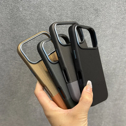 Alloy Lens Splice Leather Texture MagSafe Armor Case For iPhone 17 17Pro Max 16 Pro 15 14 13 Wireless Charging Magnetic PC Cover
