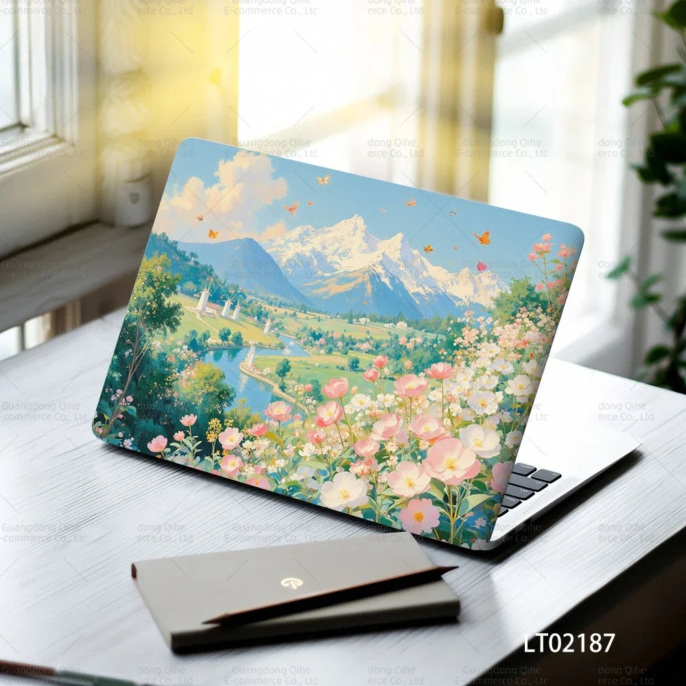 2PCS Christmas Flower Laptop Skin Stickers - Festive Holiday Floral Oil Painting Design, Waterproof PVC Decal Computer Decor