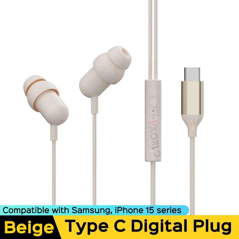 VAORLO 3.5MM AUX /Type C Digital Chip Wired Sleeping Earphones With Microphone Wire Control In Ear Headset For Samsung iPhone 15