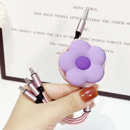 MINISO Cute flowers Retractable Fast Charging Cable Phone Interface For iphone  Android TYPE-C 3-in-1 mobile phone data cable