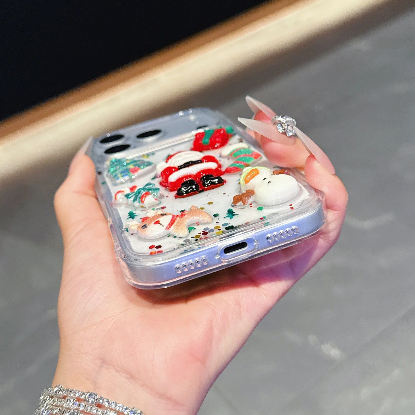 Epoxy Christmas Father Santa Claus Clear Phone Case for iPhone Air 13 14 15 16 17 Pro Max 3D Cute Xmas Tree Socks Elk Deer Cover