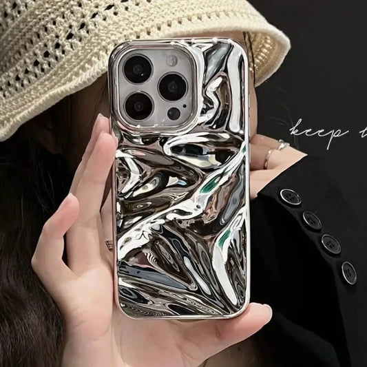 Luxury Electroplate Silvery 3D Wrinkle Phone Case For iphone 16 15 14 13 11 12 Pro Max Purple Water Ripple Shockproof Soft Cover
