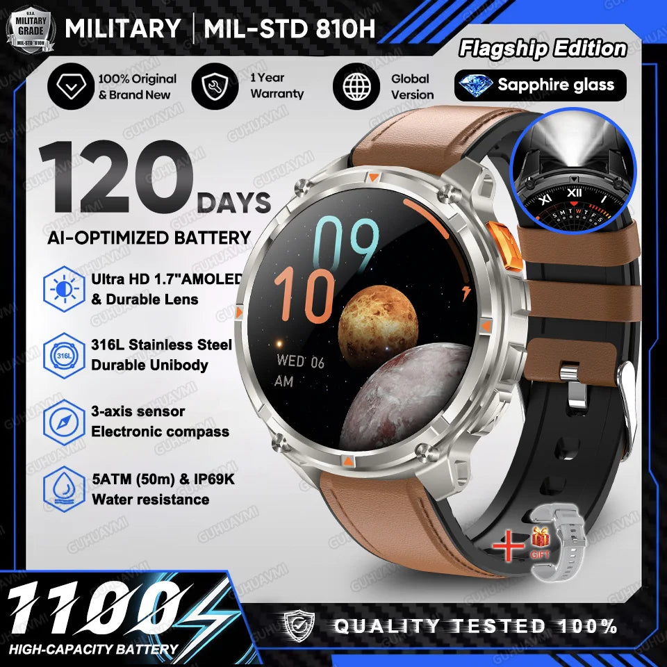 2026 New T-Rex 3 Ultra 1100mAh Military Smart Watch Men 5ATM Waterproof 1.7" AMOLED Screen Bluetooth Call Compass LED Flashlight