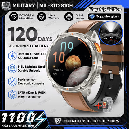 2026 New T-Rex 3 Ultra 1100mAh Military Smart Watch Men 5ATM Waterproof 1.7" AMOLED Screen Bluetooth Call Compass LED Flashlight