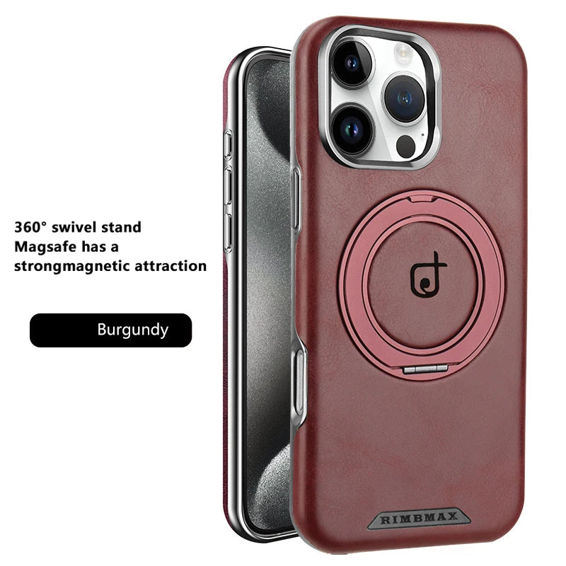 For Magsafe Magnetic 360°Rotating Car Bracket Ring Leather Phone Case For iPhone 16 Pro Max 14 11 12 13 15 Pro Max Bumper Cover