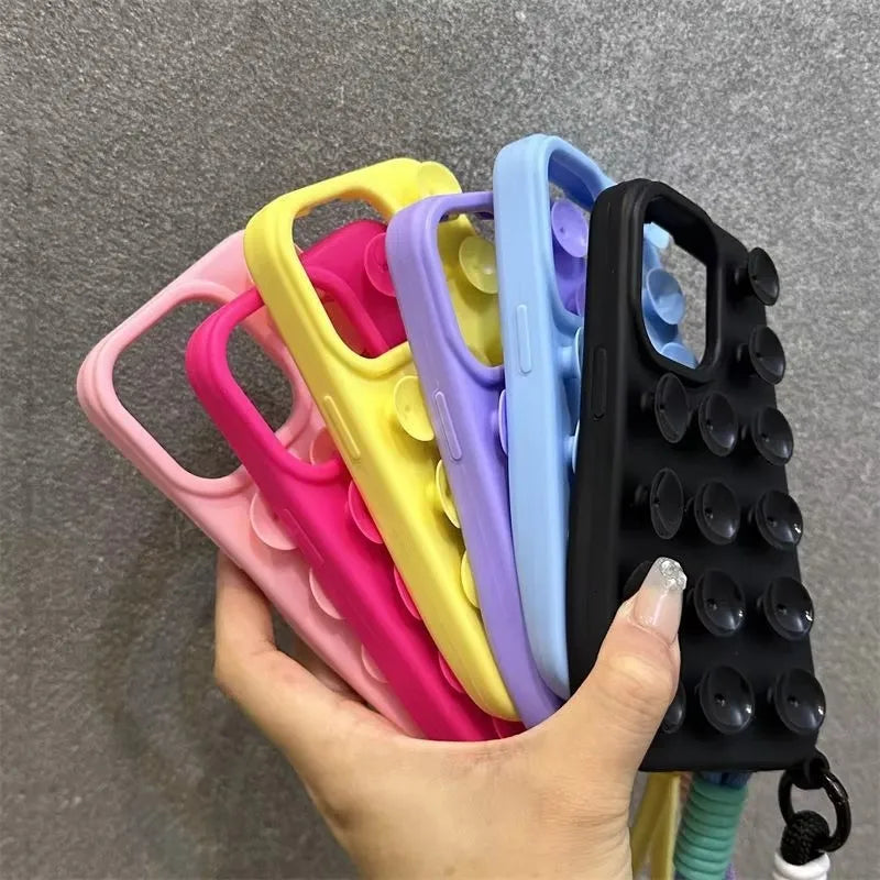 Fashion Cute Candy Liquid Silicone Suction Cup With Wrist Strap Case For iPhone 17 15 14 11 12 13 16 Pro Max Solid Color Cover