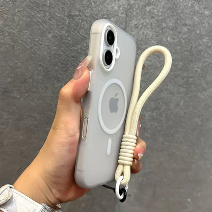 for Magsafe Candy Color Contrast Lanyard Case for iPhone 16 15 Pro Max 14 Plus 11 12 13 16e Hand Wrist Strap Matte Soft Cover