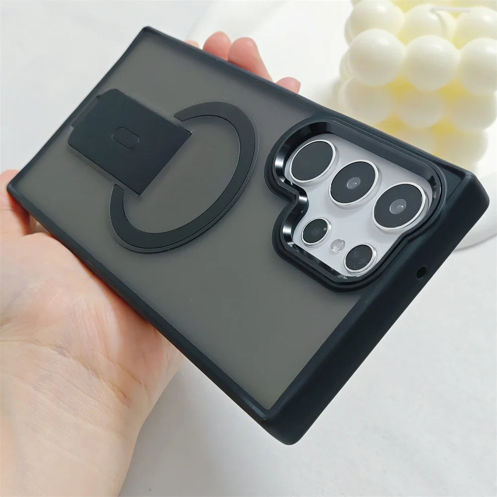 Luxury Fold For Magsafe Magnetic Stand Phone Case For Samsung S25 Edge Plus S23 S24 Ultra Plating Lens Frame Matte Frosted Cover