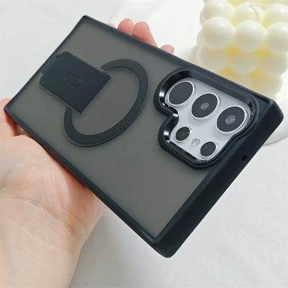 Luxury Fold For Magsafe Magnetic Stand Phone Case For Samsung S25 Edge Plus S23 S24 Ultra Plating Lens Frame Matte Frosted Cover