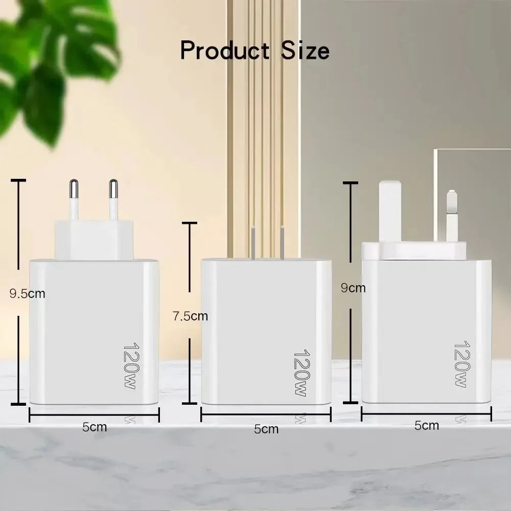 120W Fast Charger USB C Multi Ports PD Quick Charge 3.0 Wall Phone Adapter for iPhone Samsung Huawei Xiaomi Devices