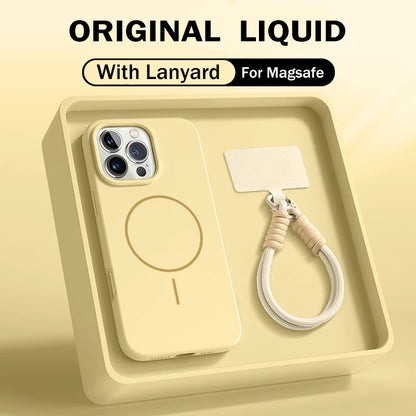 Official Liquid Silicone Lanyard Strap Rope Case For iPhone 16E 16 14 15 Plus 12 13 11 Pro Max For Magsafe Magneitc Soft Cover