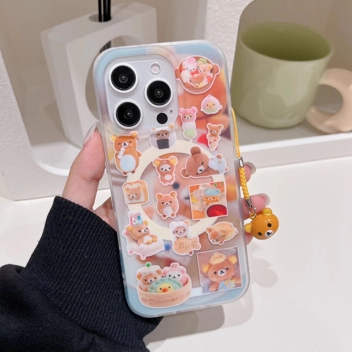 Funny Toast Dessert Bear Small Bell Magsafe Wireless Charge Case For iPhone 13 14 15 16 Pro Max Toast Rotate Bear Magnetic Stand