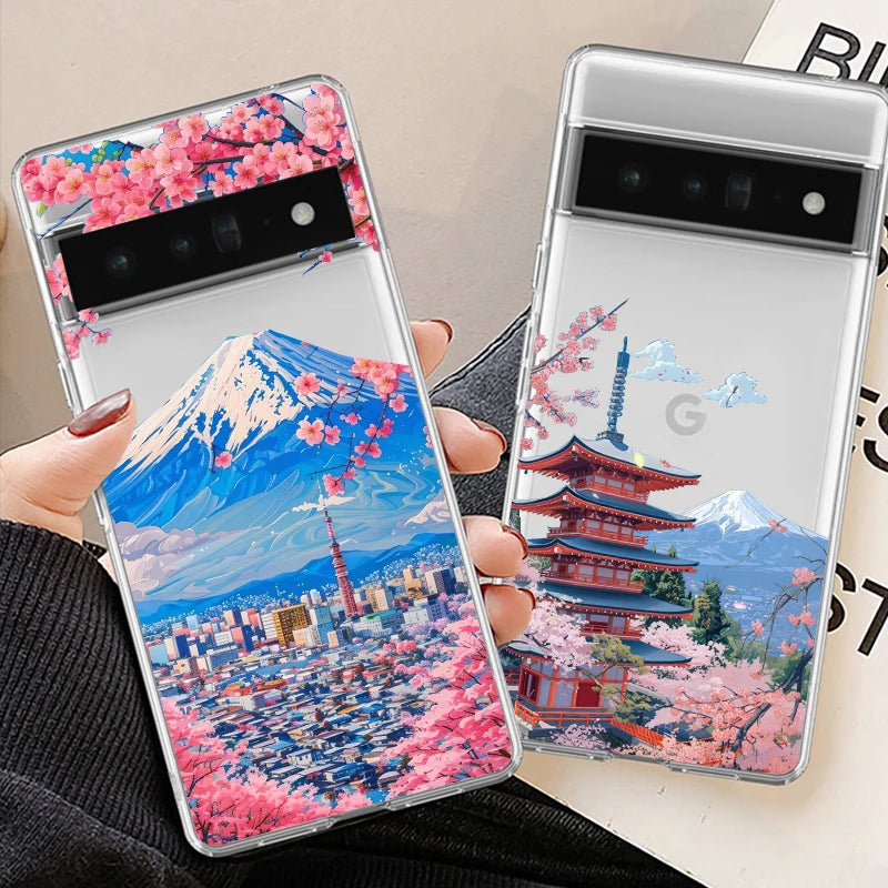 Japan Anime Fuji Mountain Landscape Phone Case For Google Pixel 8A 9 Pro XL 8 Pro 6A 6 7 10 Scenery Clear Soft TPU Cover Fundas