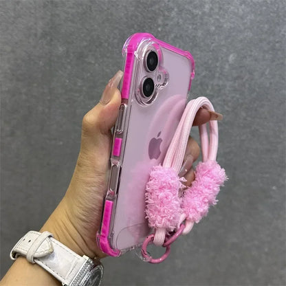 Hybrid Color Transparent Armor Case For iPhone 16 15 14 11 12 13 Pro Max Plus X Xr Xs Plush Wrist Strap Airbag Shockproof Cover