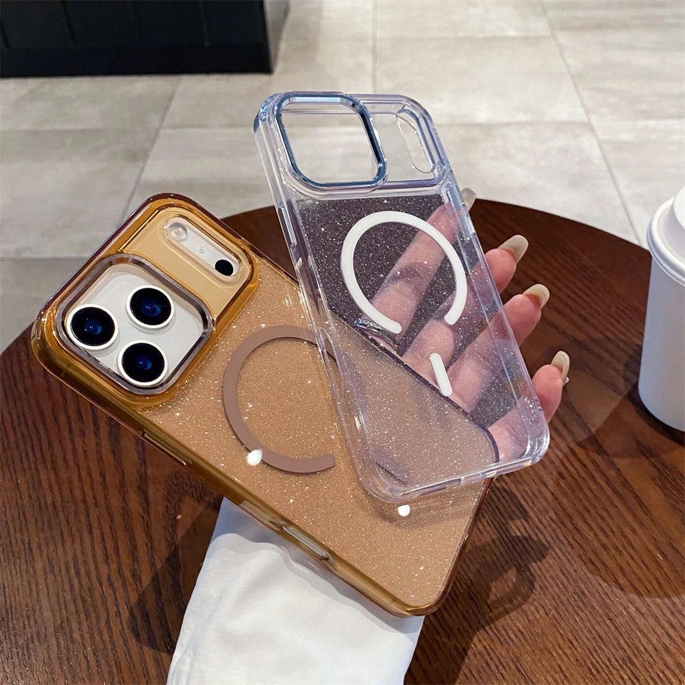 Glitter Magnetic Wireless Charging Candy Color Case for iPhone 17 Pro Max 17 Air for Magsafe Metal Lens Frame Bling Cover Funda