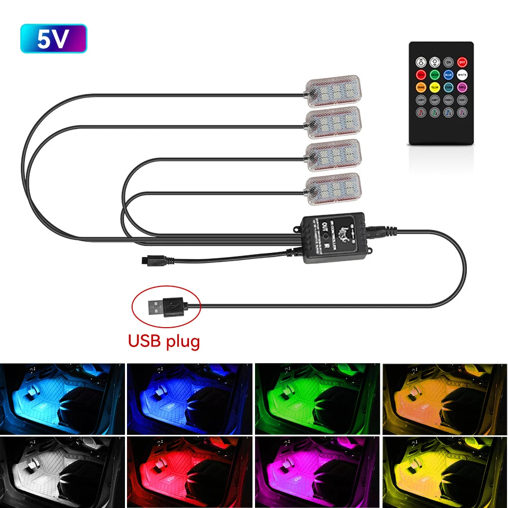 LED Car Interior Ambient Foot Strip Light Kit Accessories Backlight Remote App Music Control Auto RGB Decorative Lamp