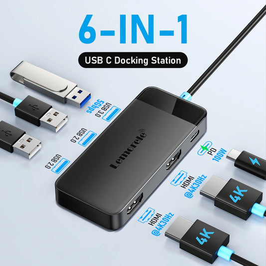 Lemorele TC122 USB C HUB Dual HDMI 4K Docking Station USB 3.0 PD 100W Type C Port for Macbook iPad M2 M1 Steam Deck