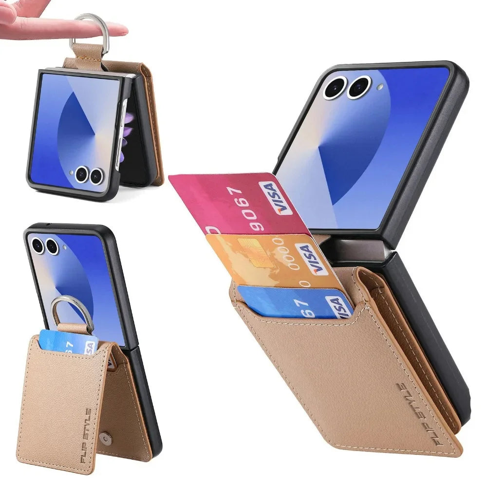 Samsung Galaxy Z Flip Wallet Phone Case - Lychee Pattern Leather with Ring Card Holder for Z Flip 7/6/5/4/3/2/1 Flip7/Flip6/Flip