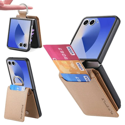 Samsung Galaxy Z Flip Wallet Phone Case - Lychee Pattern Leather with Ring Card Holder for Z Flip 7/6/5/4/3/2/1 Flip7/Flip6/Flip