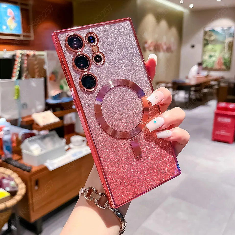 Glitter Luxury Magnetic Woman Case For Magsafe For Samsung Galaxy S24 S23 S22 S25 Ultra Plus Accessories Wireless Charging Cover