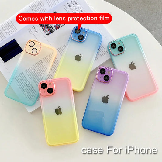 Gradient Color Phone Cases For IPhone 16 15 14 Pro Max 13 12 11 Xs Xr 7 8 Plus Comes with Lens Film Back Covers