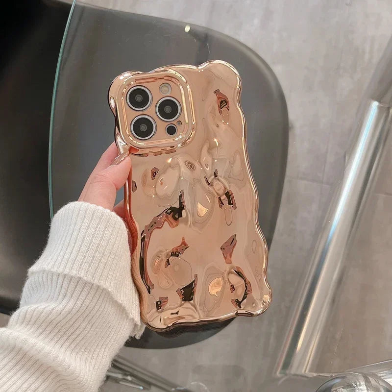Luxury Plating Wrinkle Wavy Curly Edge Phone Case For iPhone 16 15 12 13 14 Pro Max 3D Unevenness Soft Camera Protection Cover