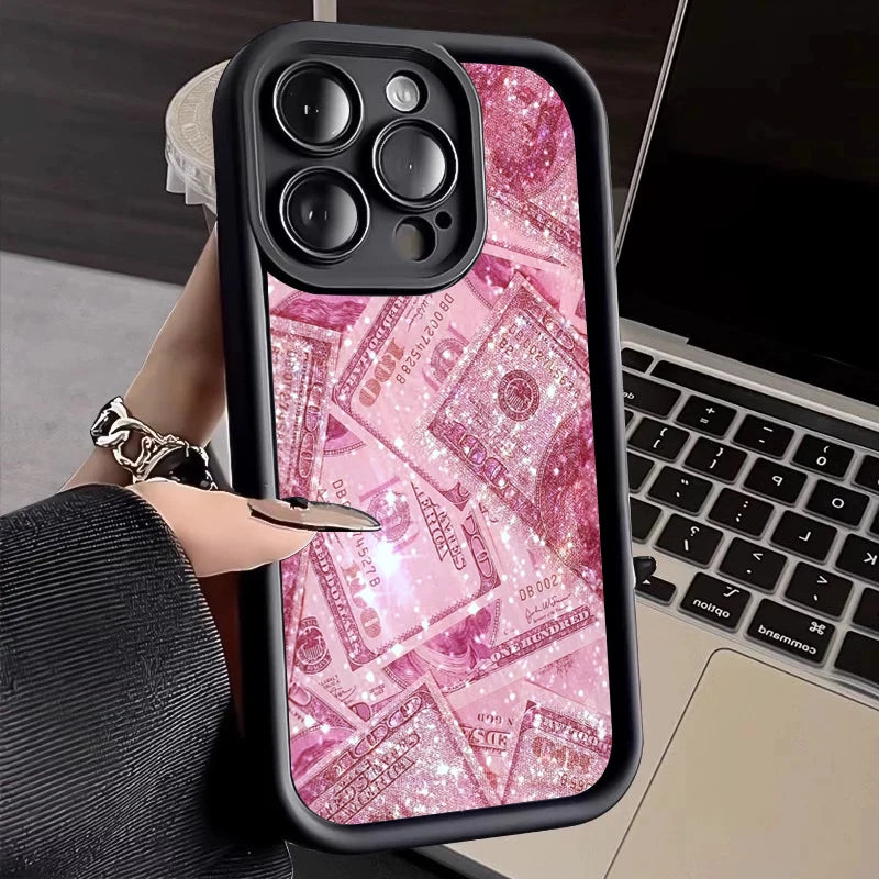 Pink Dollars Full-Coverage Banknote Design Silicone Phone Case For iPhone 16 15 14 13 12 11 Pro Max X XS XR 7 8 Plus Cover