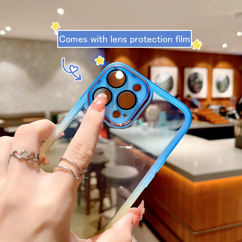 Gradient Color Phone Cases For IPhone 16 15 14 Pro Max 13 12 11 Xs Xr 7 8 Plus Comes with Lens Film Back Covers