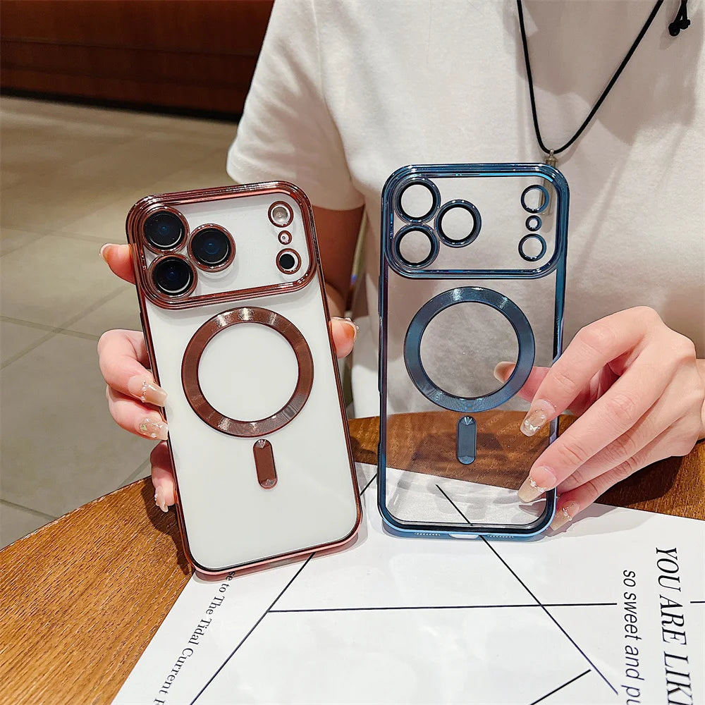 Luxury Plating Clear Case For iPhone 17 Air 16 15 14 13 12 11 17 Pro Max Shockproof Transparent Magnetic For Magsafe Lens Cover